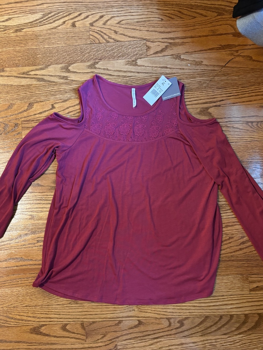 Grayson Threads Berry Red Cold Shoulder Lace Yoke Top NWT XL